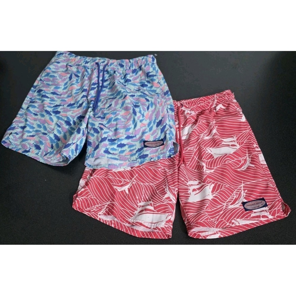2 Vineyard Vines Pink & Blue Print 7in Printed Chappy Swim Trunks XS Men EUC